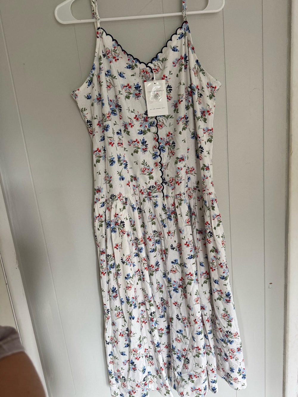 White Floral Midi Dress with Navy Scallop Trim